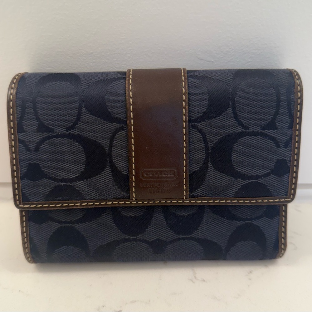 COACH Signature Tri-Fold wallet in Navy Blue Canvas & Brown Leather Accents